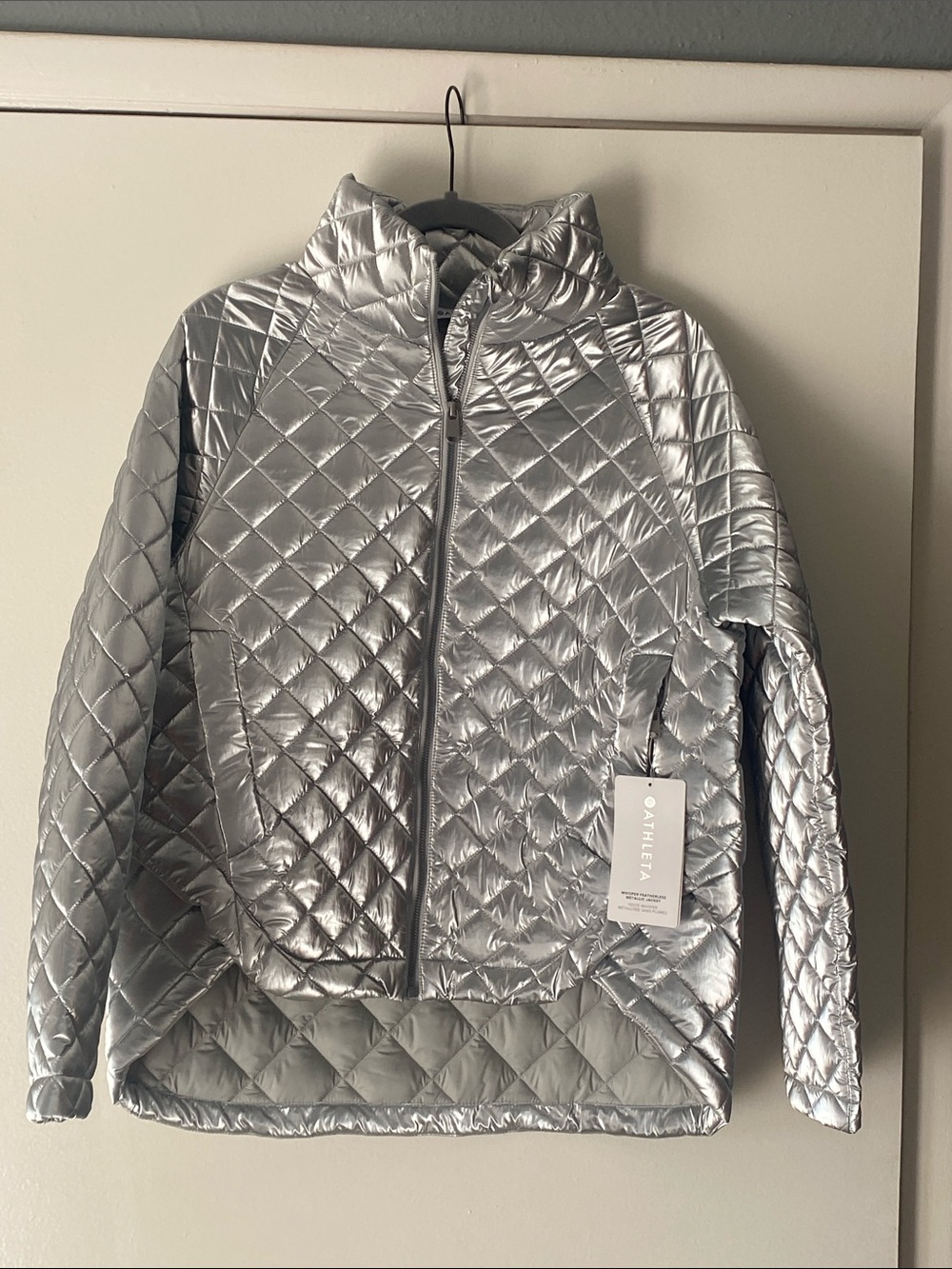 Athleta Metallic Silver Quilted Whisper Featherless Jacket